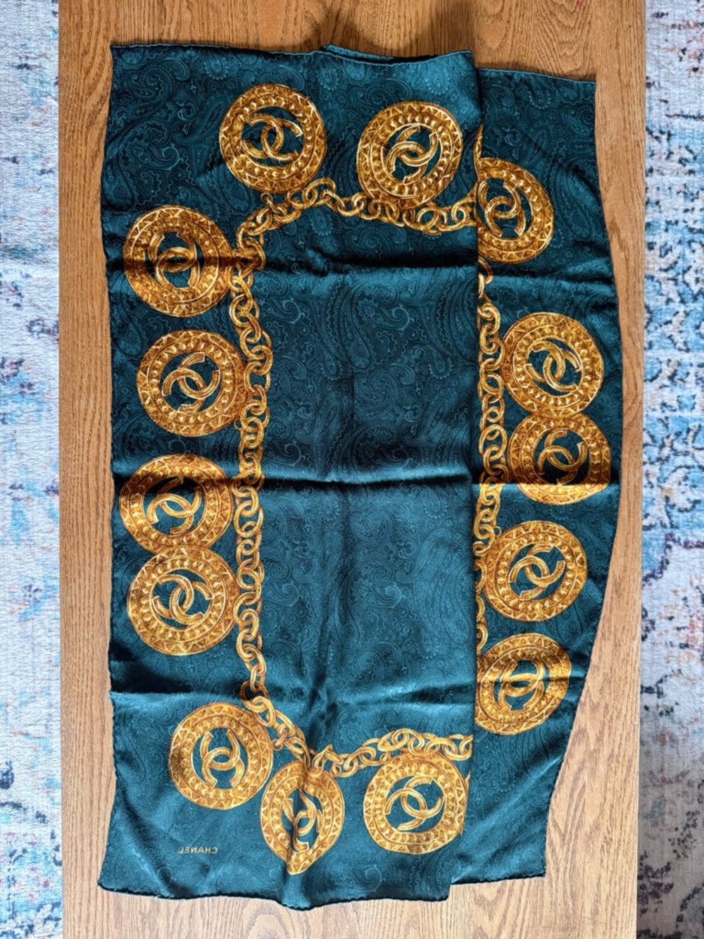 CHANEL Teal/Emerald Green Silk Scarf with Gold Chain Medallions